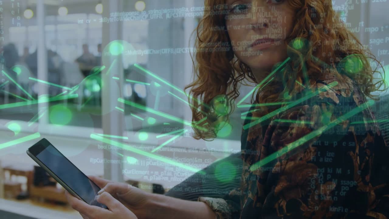 Woman tapping tablet in atrium, generating animated green network overlay while analyzing tech data
