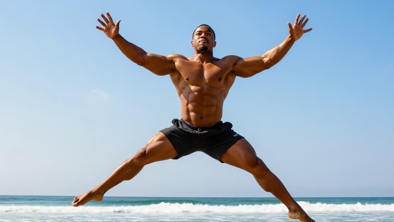 Athlete Performing Dynamic Movements on the Beach: A Showcase of Strength, Agility, and Determination Captured in Stunning Natural Surroundings During a Sunny Day