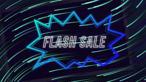 animation of flash sale text in speech bubble over lines moving against abstract pattern