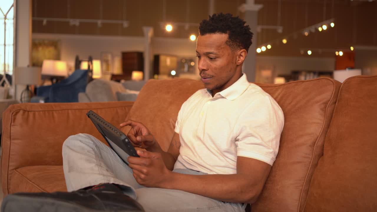 Enthusiastic African American Man Using Tablet on Sofa in Furniture Store