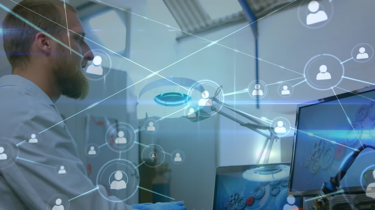 animación de la red de conexiones sobre el hombre caucásico que trabaja en el laboratorio de computación, programación