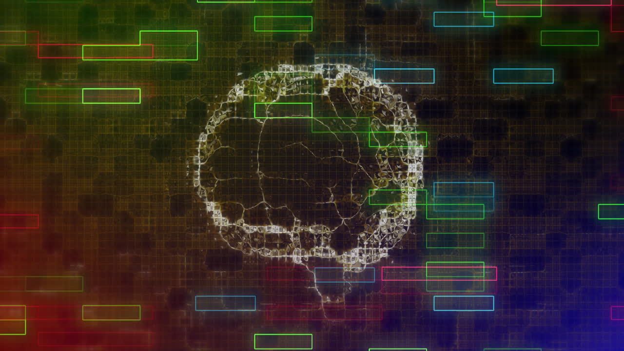 Polygonal circular structure glowing in grid, floating facets showing red green blue data markers