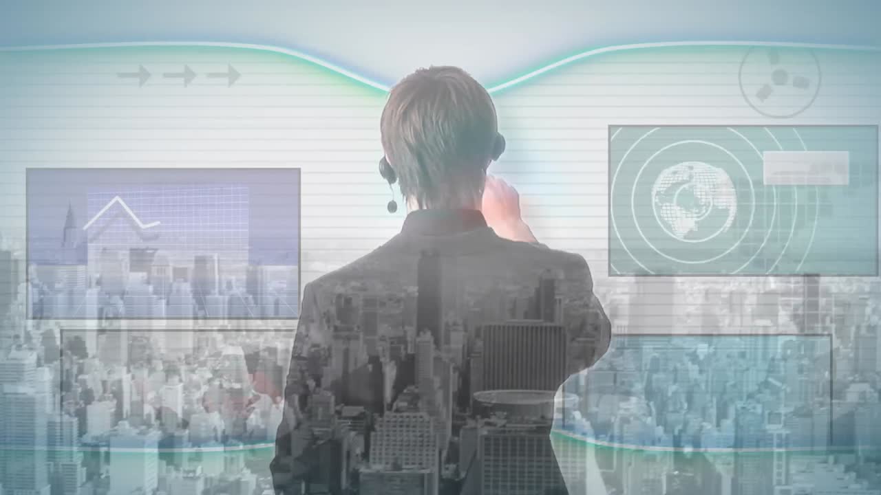 도시 풍경 위에서 금융 데이터 처리와 함께 비즈니스맨 터치 스크린의 애니메이션