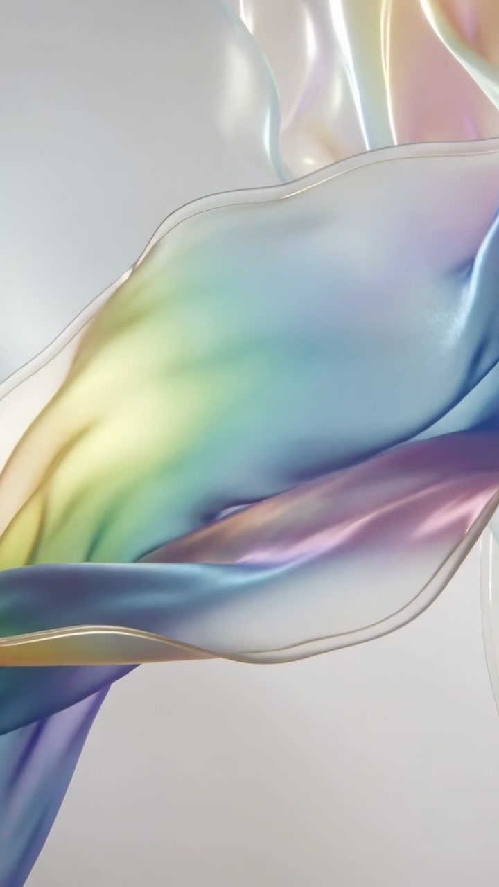 Vertical video: Drifting iridescent ribbon responding to soft breeze in pale backdrop, pearl sheen