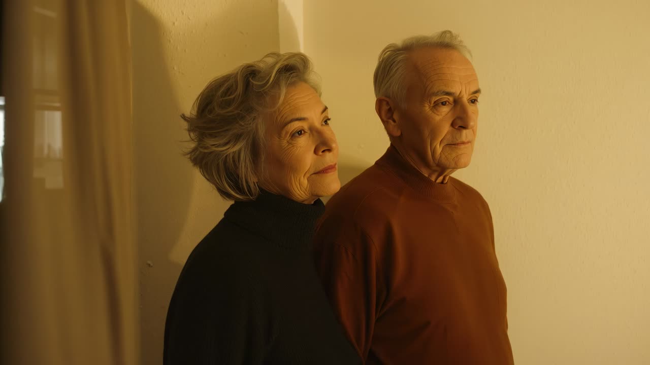 Camera moving closer as woman in turtleneck shifting, couple showing faces near lamp in living room