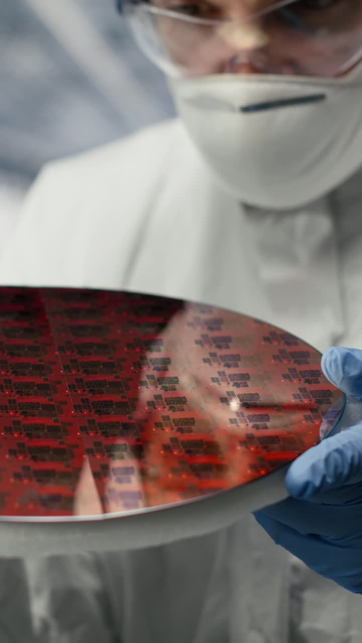 Video verticale Fabbrica di microchip Progettisti di architetture SOC analizzano substrati semiconduttori