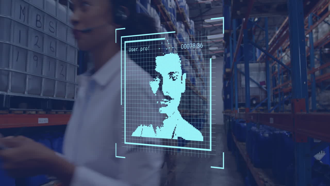 animación de fotos y datos biométricos sobre una mujer de negocios biracial que trabaja en un almacén