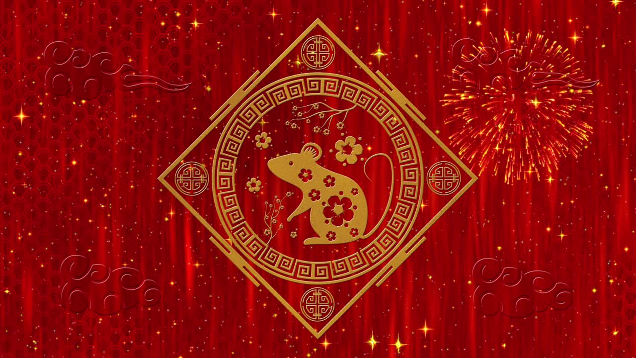 año nuevo lunar, fondo del festival de primavera con rata dorada, fuegos artificiales, estrellas relucientes. animación del año nuevo chino para el evento de vacaciones. renderización 3d de bucle sin costuras 4k video