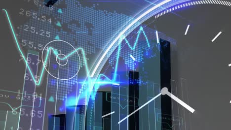 Animación-Del-Reloj,-Estadísticas-Y-Procesamiento-De-Datos-Financieros-Sobre-El-Mapa-Mundial