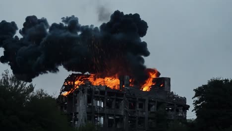 black smoke billows from a burning building, creating a scene of destruction and danger in an urban environment