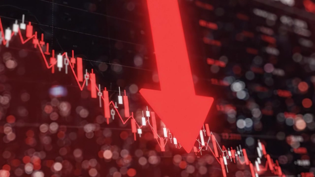 Visual Representation of a Declining Stock Market Trend Showcasing a Significant Downward Arrow, Indicating Decrease in Value Over Time, Surrounded by Data Points and Graph Elements