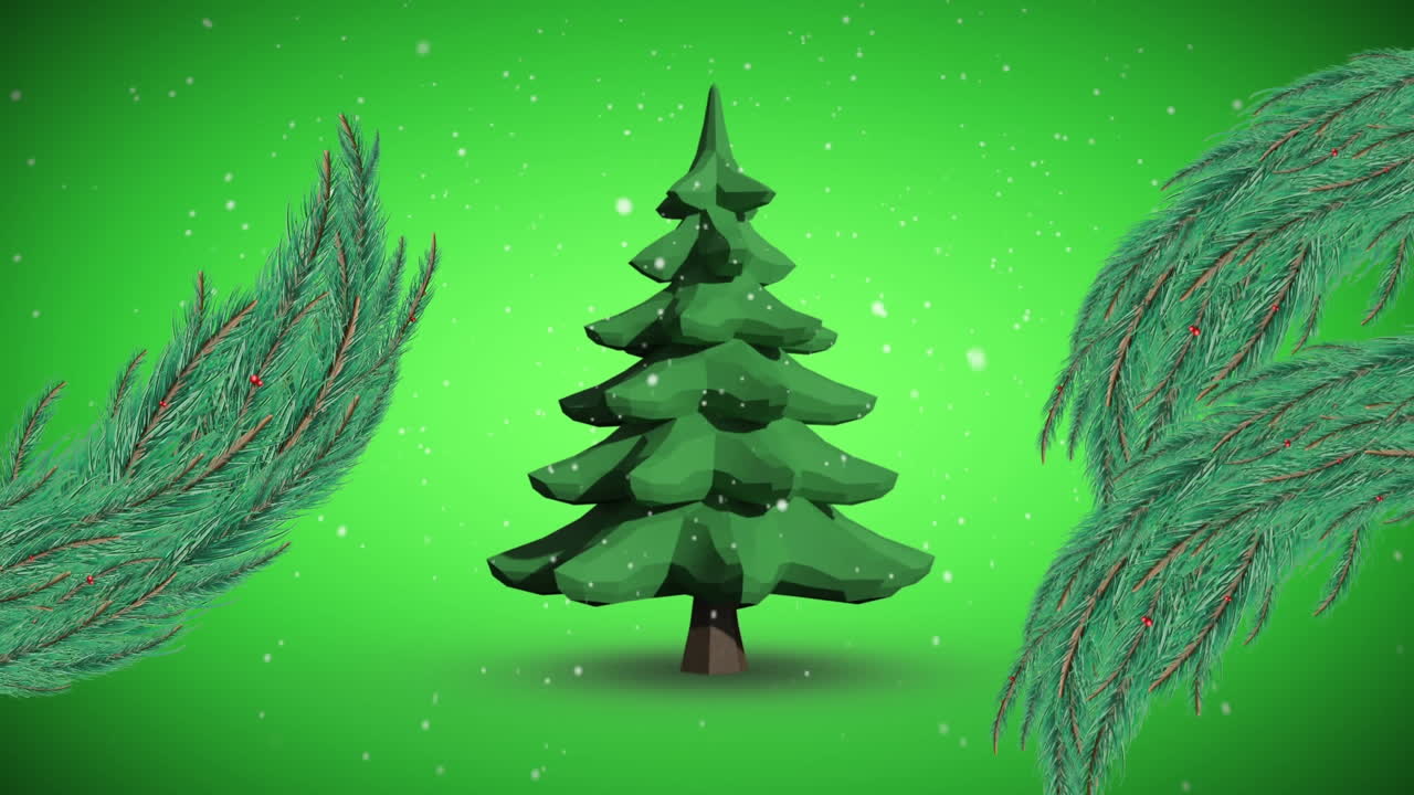 Animation of turning christmas tree and snow falling on green background