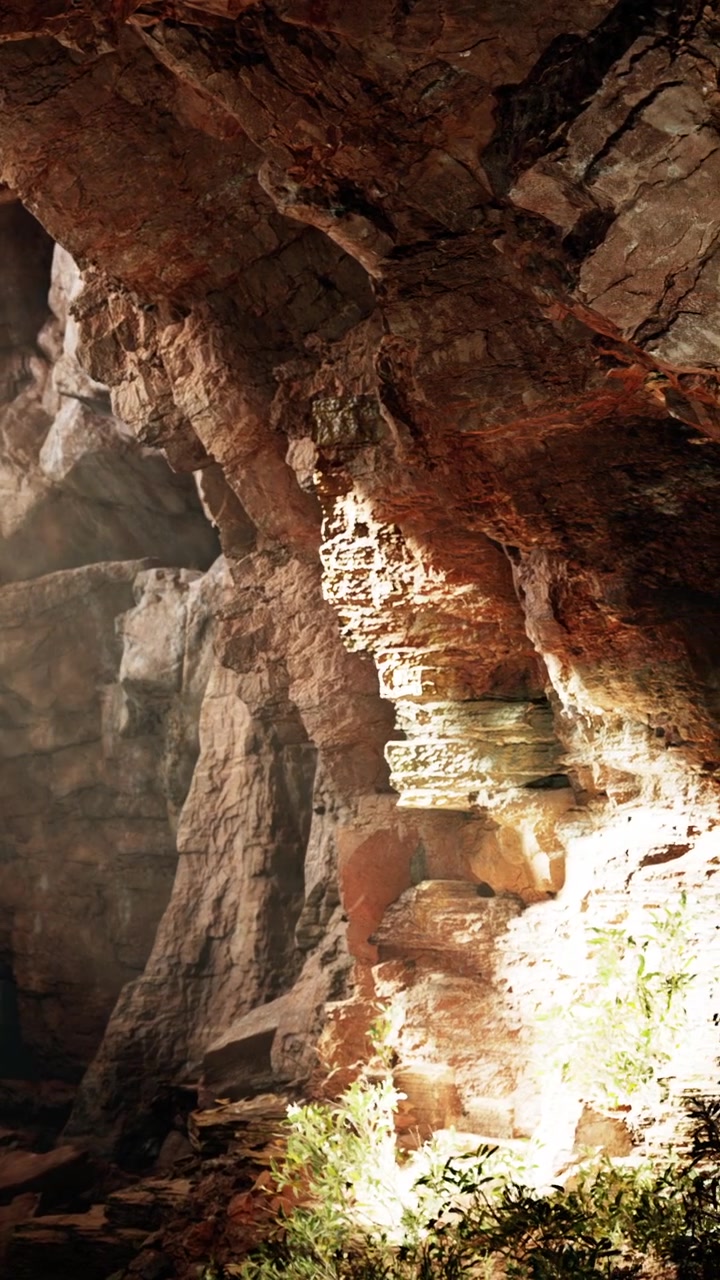 Grotta con luce naturale che illumina rocce e piante in un'area boschiva