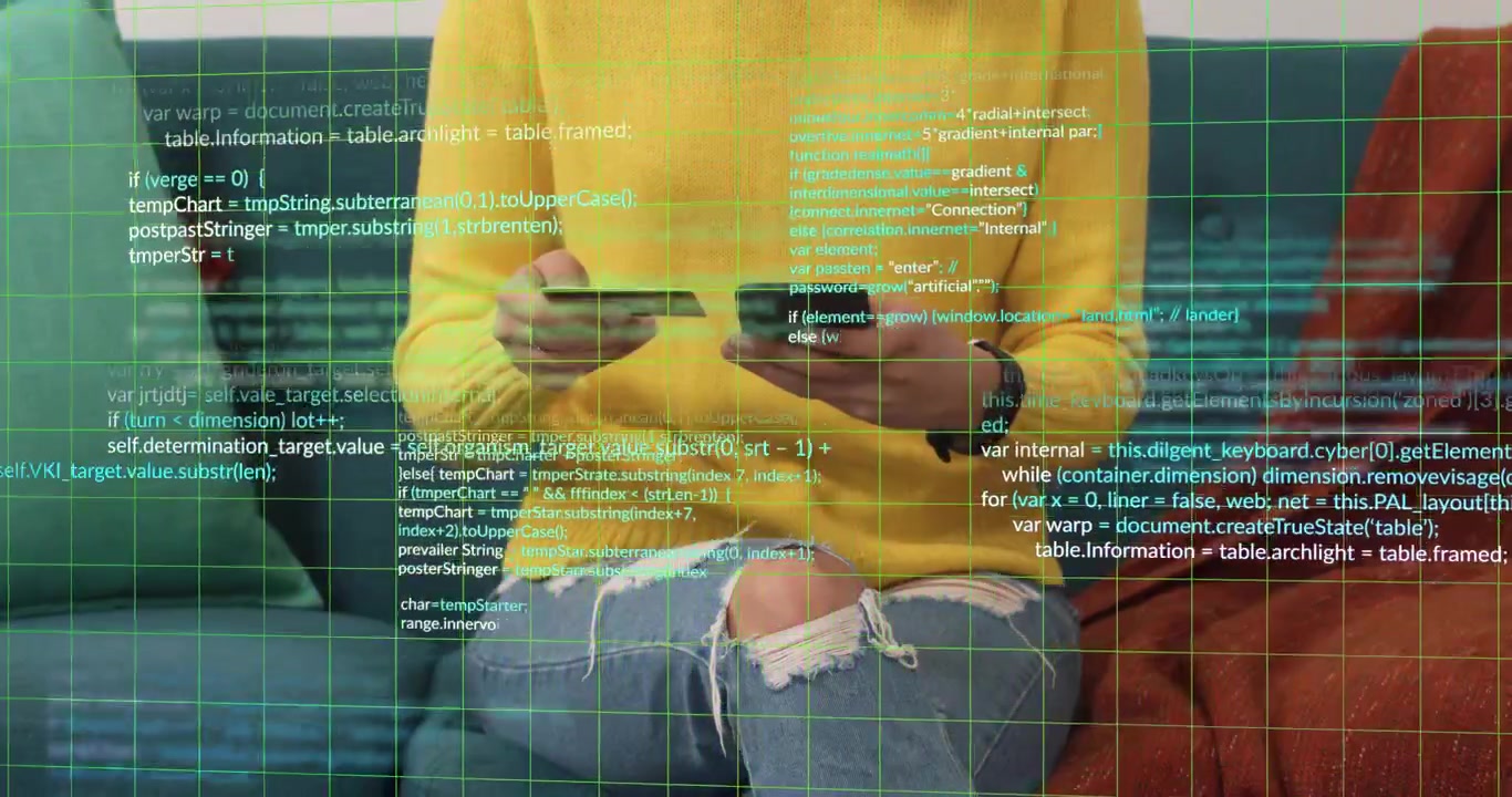 Woman tapping phone and aligning card on teal couch, generating green code verifying payment
