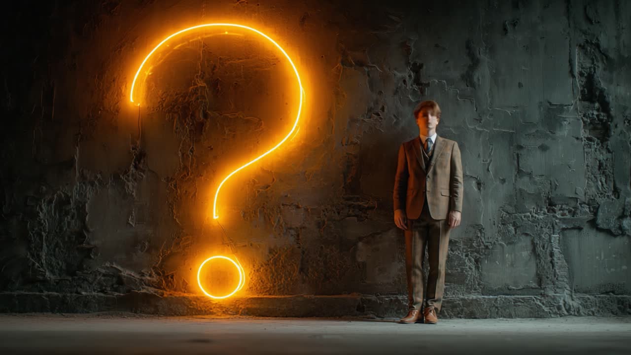 Una Indagación Reflexiva: Un Modelo Junto a un Signo de Interrogación de Neón en un Espacio Industrial, Capturando la Curiosidad y la Contemplación sobre los Misterios de la Vida