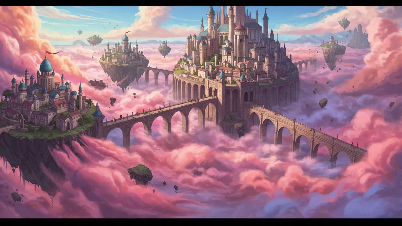 Majestic Floating City: A Visually Stunning Journey Through an Enchanting World of Dreamlike Architecture, Vibrant Colors, and Whimsical Clouds Above the Horizon
