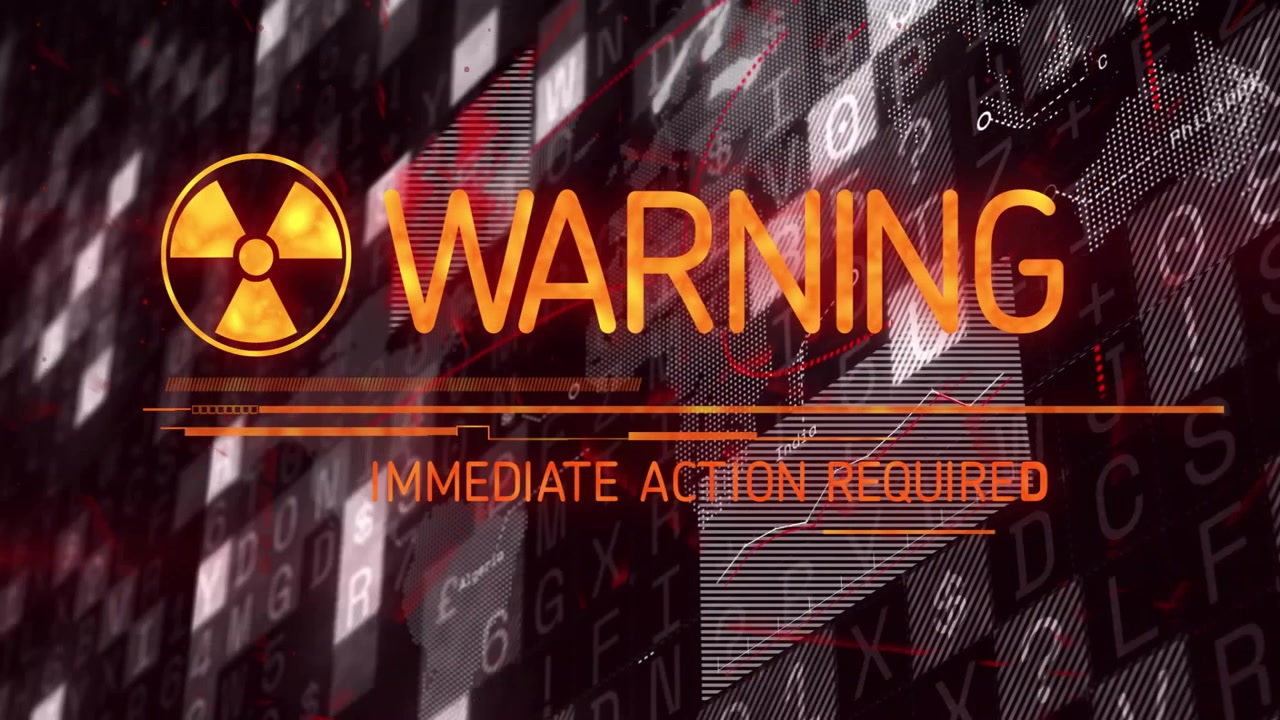 Fading in golden radiation icon initiating sliding bars, pulsing graph signaling urgent action