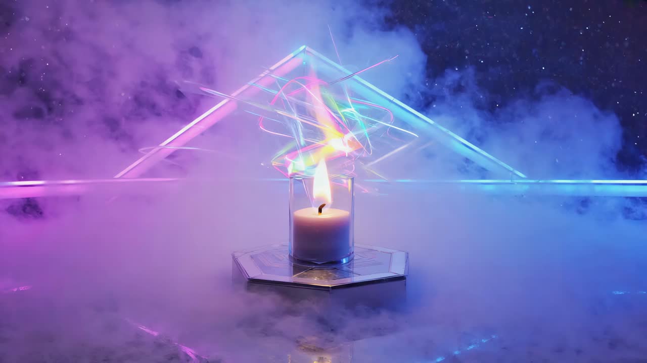 A burning candle surrounded by vibrant neon lights and smoke, with an abstract futuristic backdrop