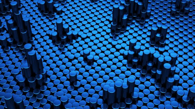 Abstract blue metallic chrome background with cylinders. Ceramic round tiles. Geometry pattern. Random cells. Polygonal glossy surface. Futuristic abstraction. Seamless loop 3d animation of 4K