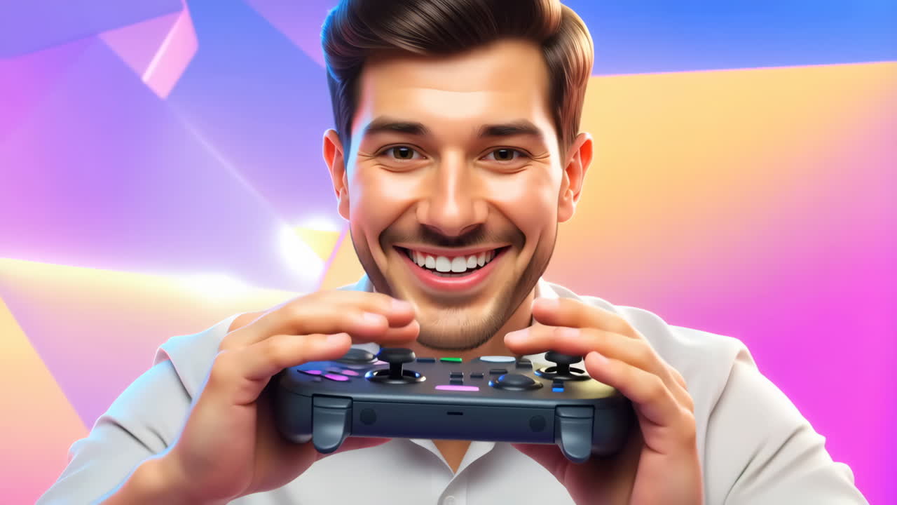 Happy Man Playing Video Games with Controller