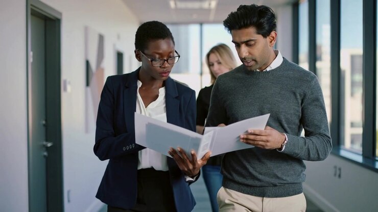 Walking colleagues reviewing binder in long corridor, woman in blazer and glasses, man in sweater