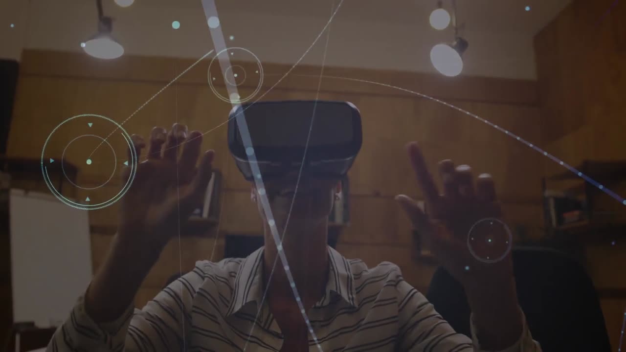 Animation of data processing over businesswoman using vr headset