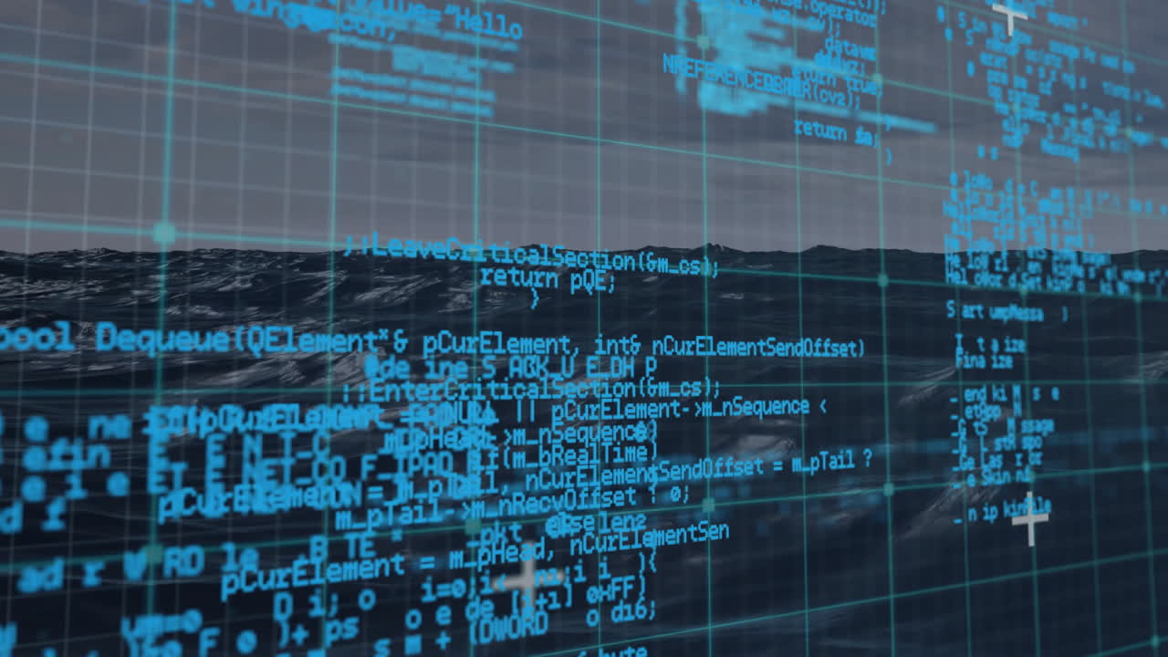 Grid lines and data points animation over ocean waves
