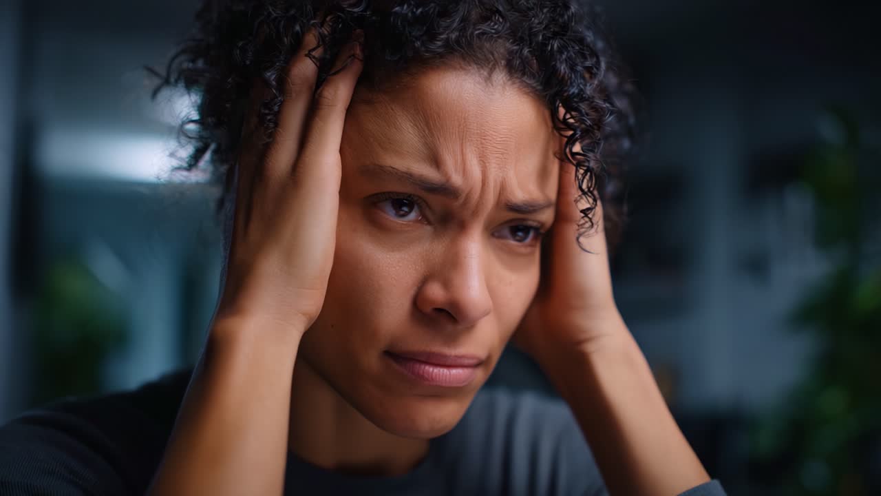 A woman displays deep emotional distress and anxiety, gripping her head in frustration while experiencing overwhelming feelings and challenges in a dimly lit environment