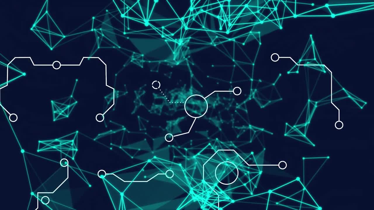 Animation of connecting dots and network of connections floating against blue background
