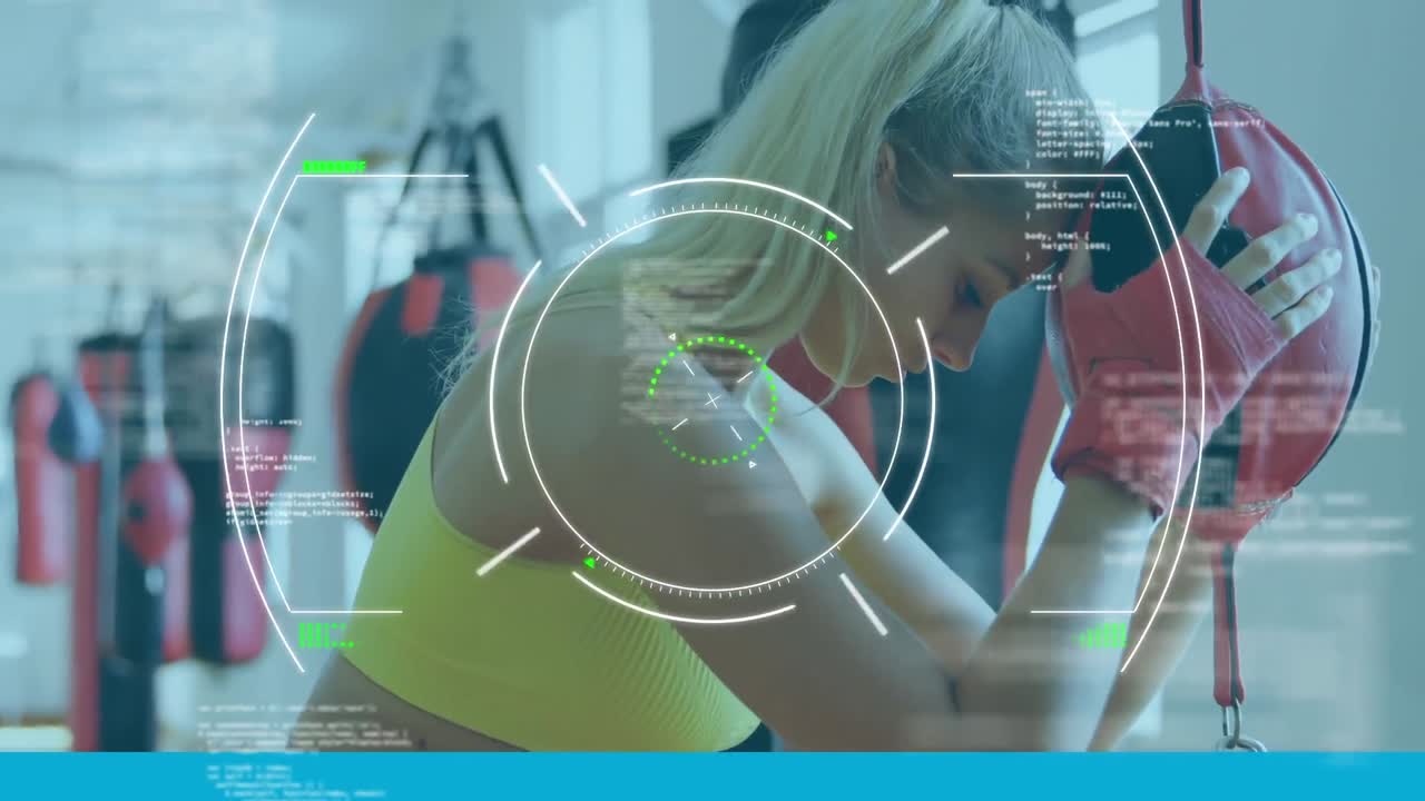 권투 가방에 앉아 있는 여성 권투 선수에 대한 범위 스캐닝과 데이터 처리