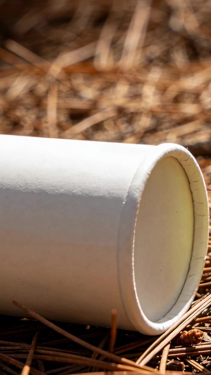 Vertical video: Recording camera filming white tube lying on pine needles, copy space