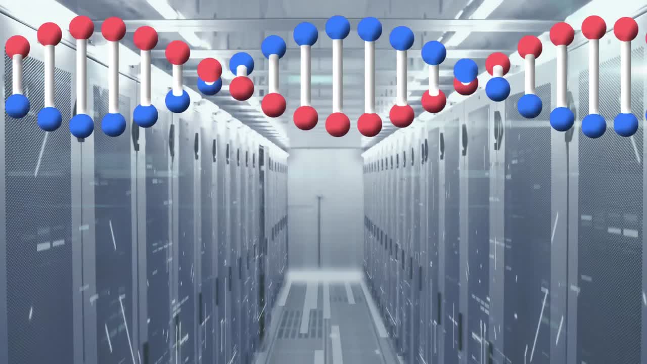 animación de la estructura de adn giratoria, senderos de luz y cuadrados de mosaico contra la sala de servidores de computadora