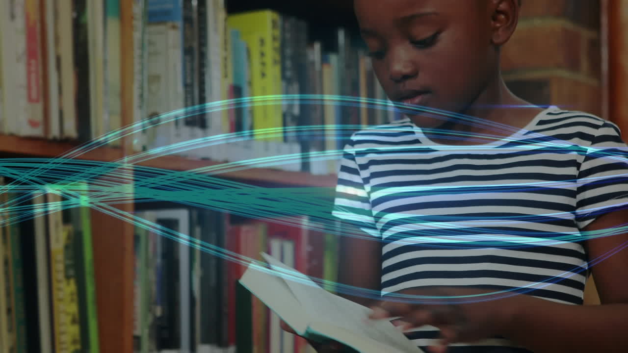 Animation of connections and data processing over schoolgirl reading