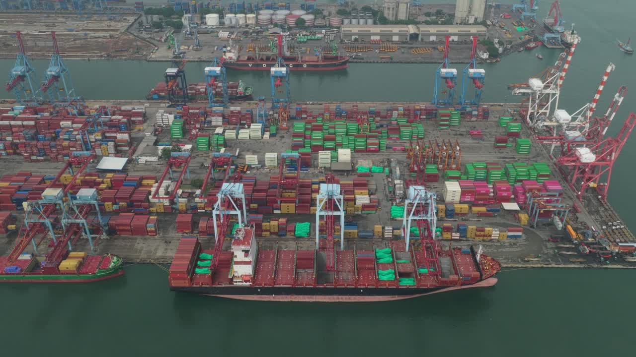 Aerial view of Tanjung Priok container port and cargo vessels in Jakarta