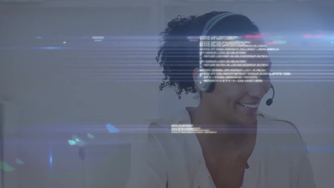 Animation of data processing over woman wearing phone headset
