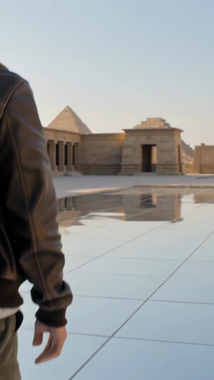 Video verticale: Uomo in cappotto che cammina attraverso una piazza bagnata verso un tempio e una piramide, con spazio per il testo.
