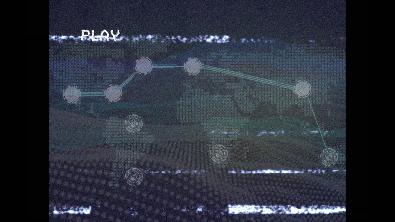 Animation of playback interface with interference and world map and network, on dark background