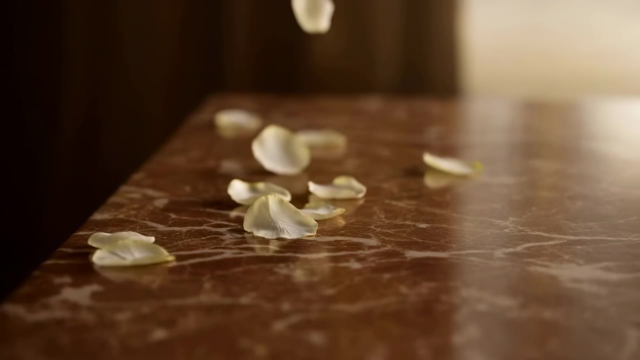 Grappolo di petali color crema pallido sospesi e che si posano delicatamente su un piano di tavolo in marmo marrone scuro lucido in un ambiente interno.