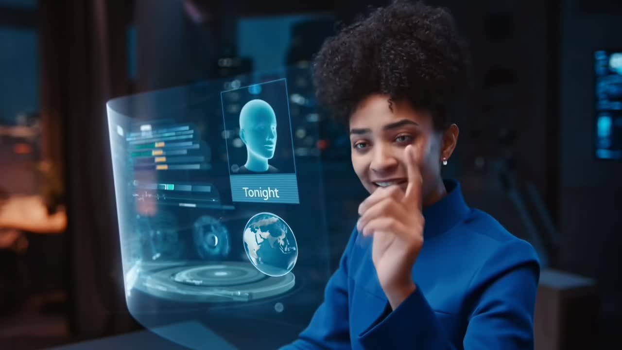 Concetto di video futuristico con una donna con uno schermo olografico, angolazione laterale.