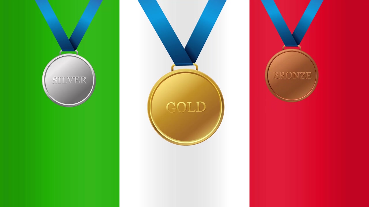 Animated gold, silver, and bronze medals drop over a waving Italian flag background loop.