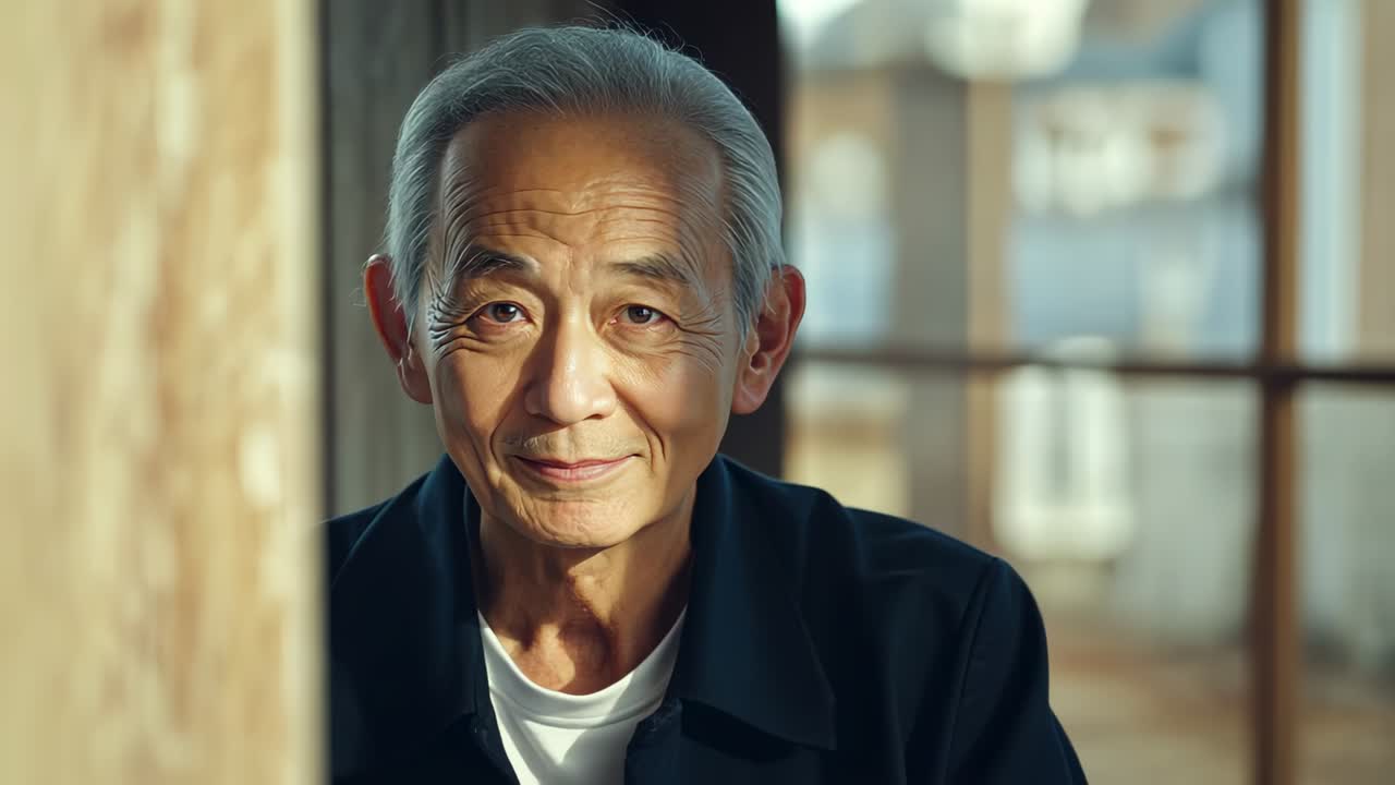 Camera moving closer, senior Asian man responding, smiling and leaning in room with paned window