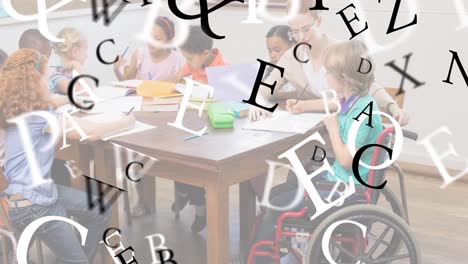 múltiples alfabetos flotando contra un grupo de estudiantes que estudian en clase en la escuela