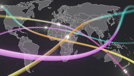 colorful data streams animation over world map with network connections