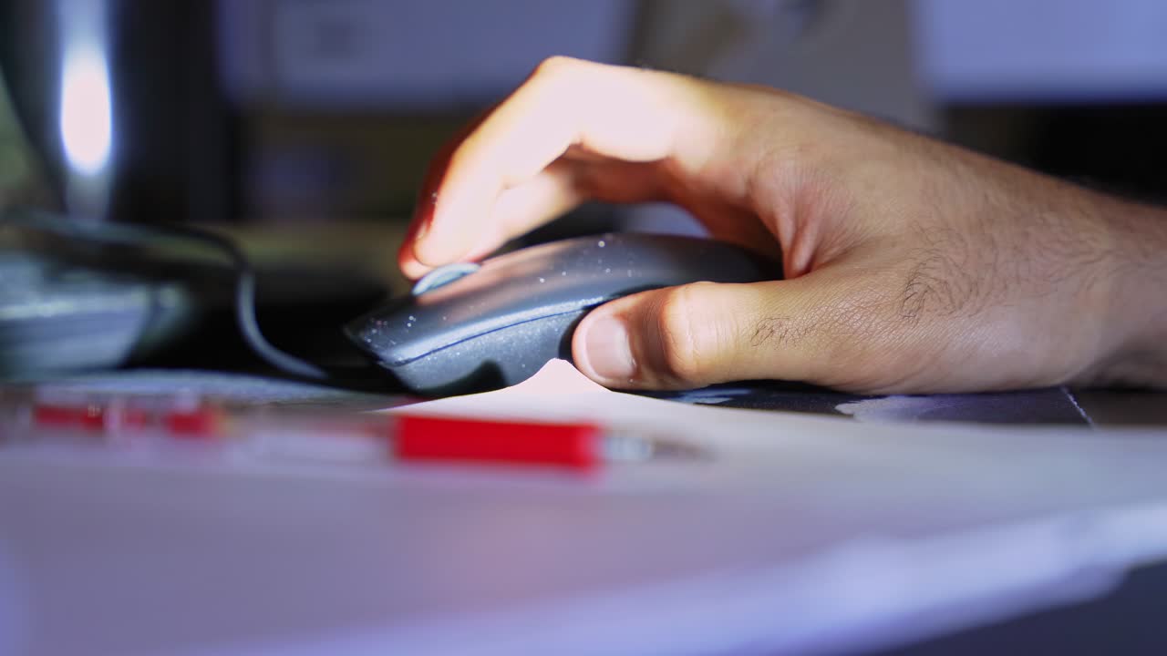 a hand using a black wired mouse on a desk at night. Features a red pen and paper in the blurred foreground with a cinematic low-light office setting for tech themes