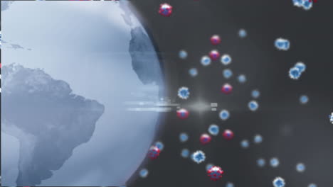 animation of falling covid 19 cells over spinning globe on dark background