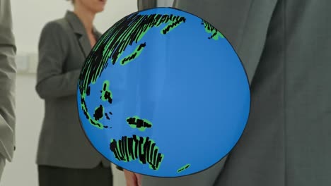 animation of globe over businessman handshake