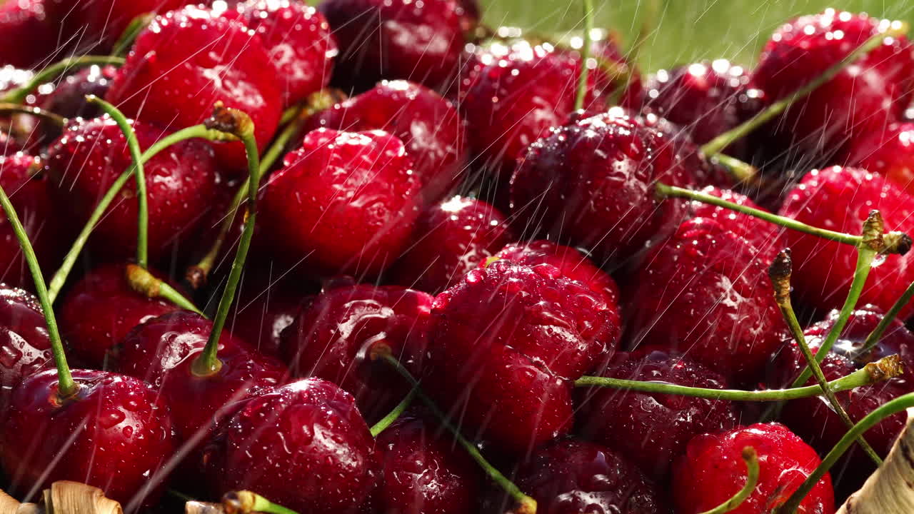 Ciliegie fresche, mature e succose ruotano. Una ciliegia rossa in senso orario.