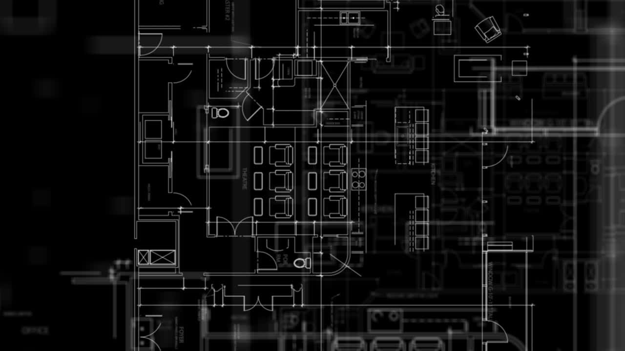 Architectural drawings on the black background