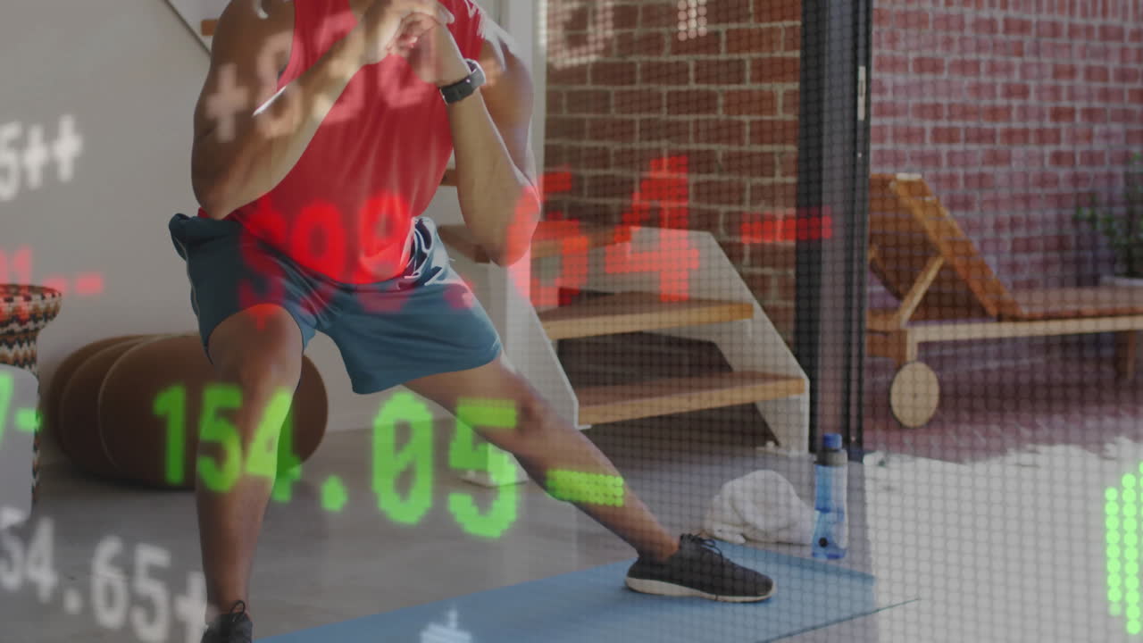 Man performing lateral side lunge on light blue exercise mat, showing stock market ticker overlay