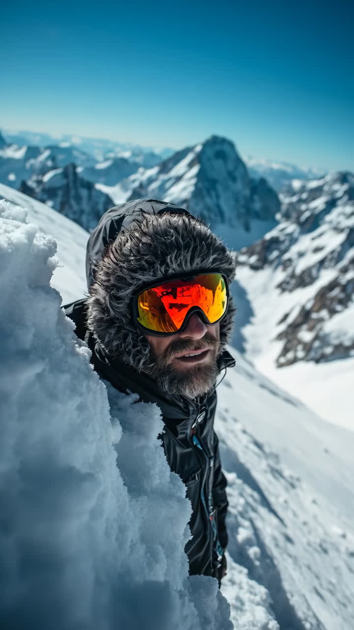 Person in ski goggles on a snowy mountain